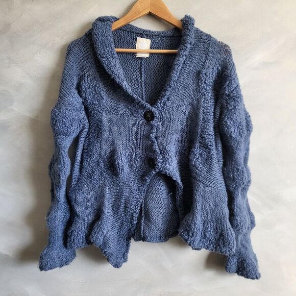 AMANO CHUNKY KNIT Dusty BLUE WOOL CARDIGAN BUTTON SIZE S/M - Picture 8 of 13